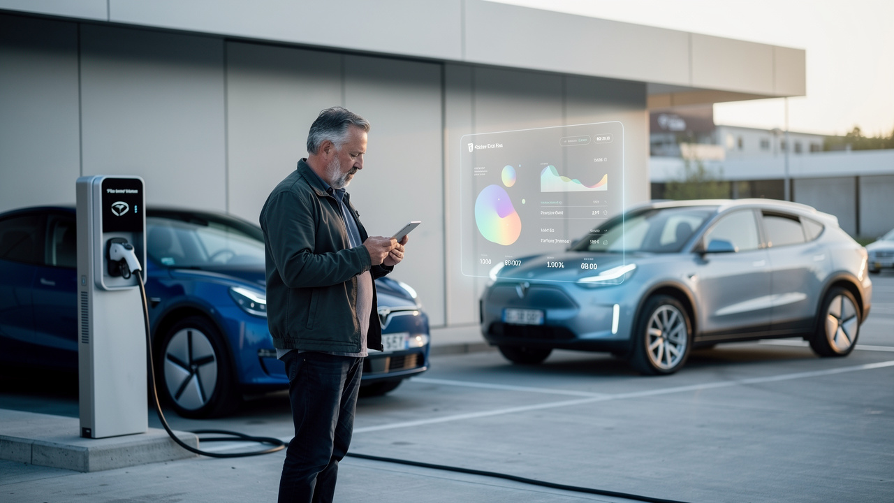 Un homme consulte une tablette aux graphiques abstraits près d’une voiture électrique en recharge et d’un SUV hybride dans une station-service moderne.