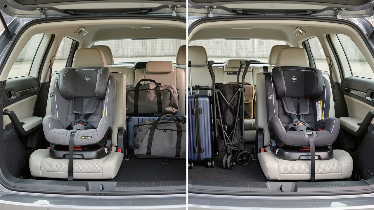 Vue comparative de l’intérieur d’un SUV familial et d’un break, avec des sièges auto installés à l’arrière et les coffres ouverts contenant des bagages.